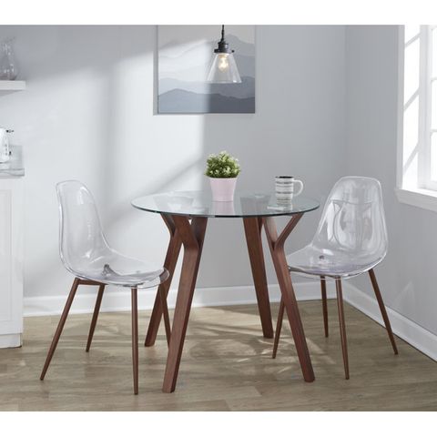 Lumisource Folia-Clara Mid-Century Modern Round Dining Set In Walnut ... in Clara Table, Walnut Metal, Clear Glass
