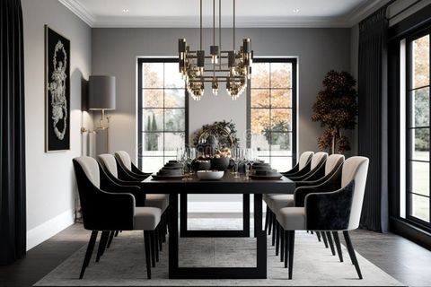 Luxurious Modern Dining Room Boasts A Black Dining Table Illuminated By ... in Modern Black Dining Table With Chairs