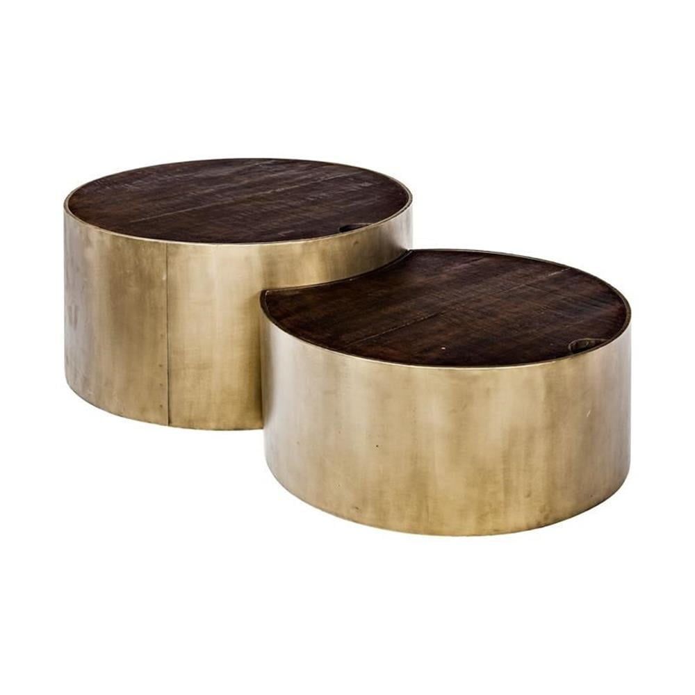 Maklaine Round Brown Solid Wood Top Gold Metal Base Nesting Tables - Walmart.com regarding Set Of 2 Nesting End Tables With Mango Wood Top And Gold Metal Base, Walnut Brown/Gold