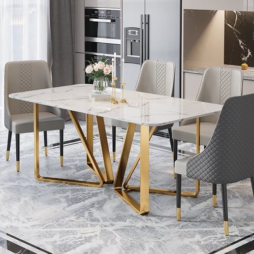 Marby Modern Rectangle 63&quot; Faux Marble Dining Table Gold Base Stainless ... inside Marble Dining Table With Stainless Steel Base