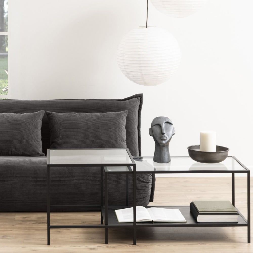 Megan Clear Glass Nest Of 2 Tables With Chrome Legs | Furniture In Fashion in Clara Table, Black Metal, Clear Glass