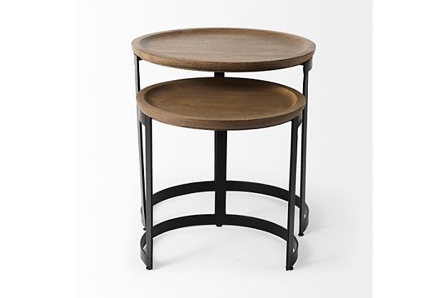 Mercana Aisley Light Brown Wood With Black Metal Base Round Nesting ... pertaining to Homeroots Set Of 2 Round Brown Solid Wood Iron Base Nesting Side Tables