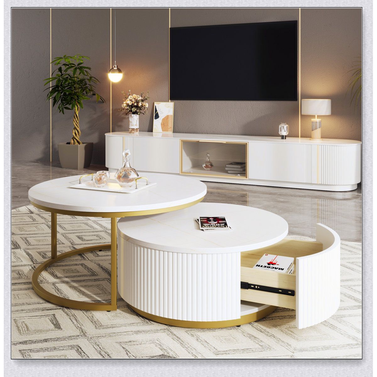 Mercer41 Modern Round Nesting Coffee Table Fluted With Drawer In White &amp; Gold In 31.5'' | Wayfair regarding A Guide to Styling Your Gewnee Modern Round Nesting Coffee Table