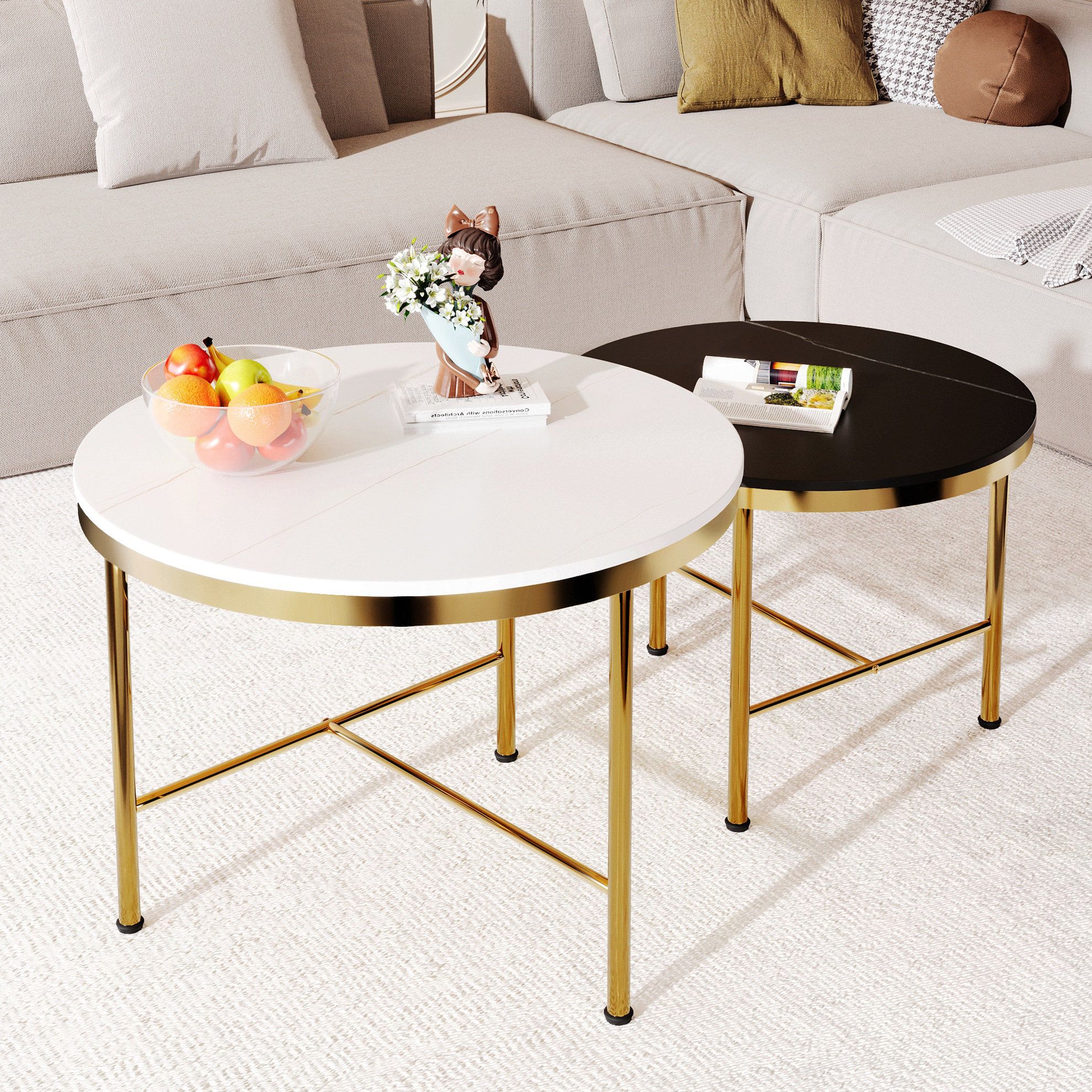 Mercer41 Modern Round Nesting Coffee Table Set, 2-Piece Black &amp; White Sintered Stone Top With ... in Discover the Artistry Behind the Norden Coffee Table Set in Black/Bronze