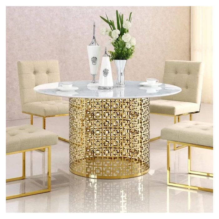Mercer41 Round Marble Dining Table With Gold Round Base | Wayfair regarding Exploring the history and appeal of the classic round marble dining table with gold rim
