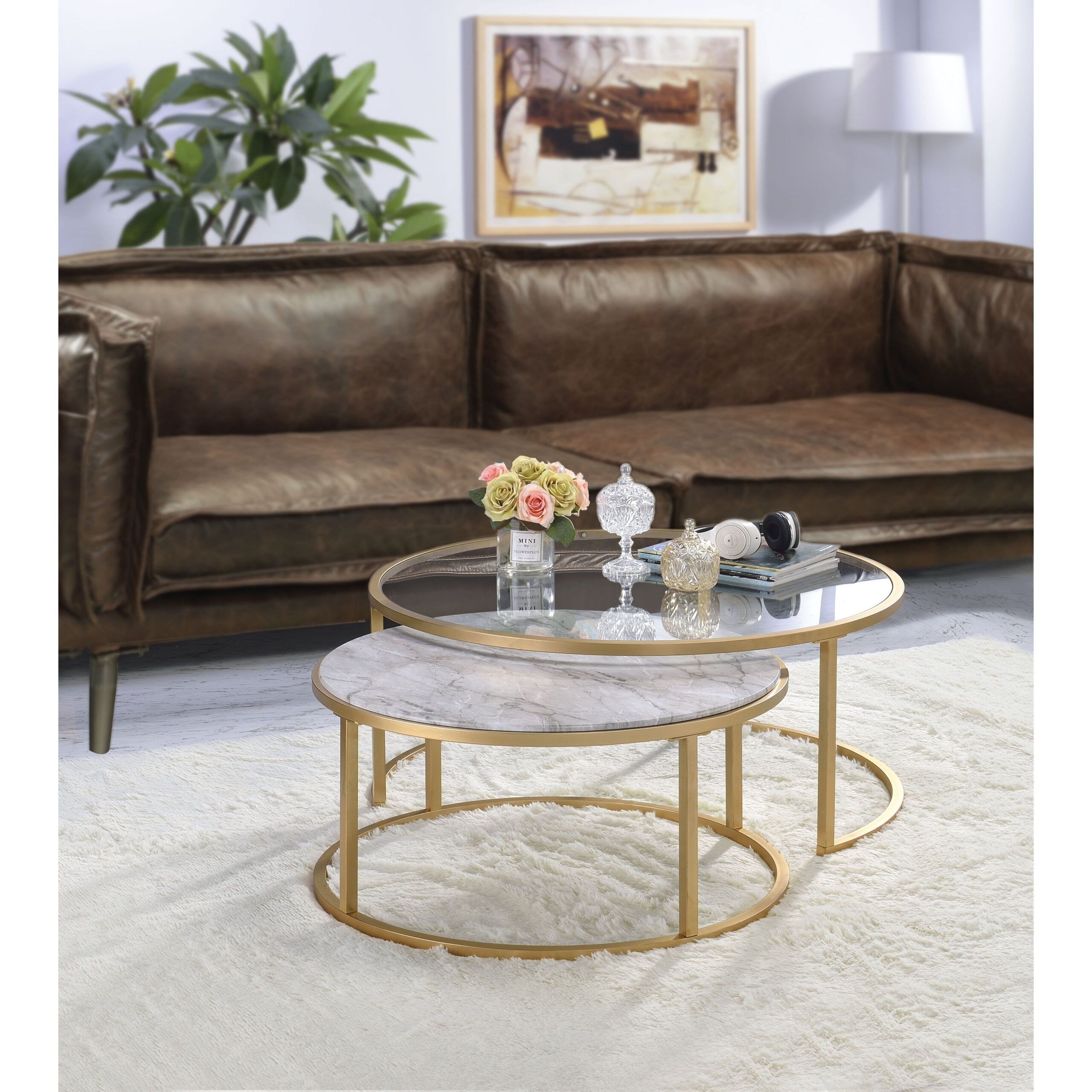 Metal Framed Nesting Coffee Tables With Glass And Marble Tops, Set Of ... with regard to Creating Cozy Spaces How the Acme Silas Nesting Table Works Wonders