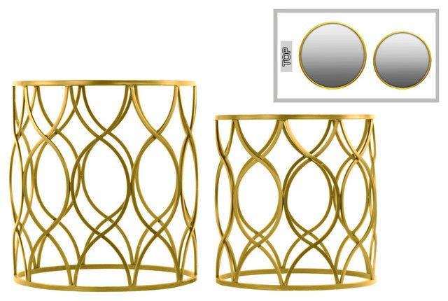 Metal Tables With Mirrored Tops, Champagne Finish, 2-Piece Set ... in Shani Round, Gold Metal With Glass Accent Tables, 2-Piece Set