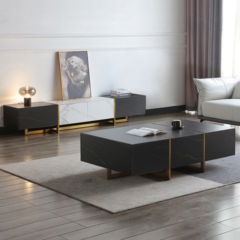 Minimalist Stone Top Tv Stand And Coffee Table Set Of 2 In Black ... inside Beyond the Surface How the Davis Coffee Table Set Transforms Your Space