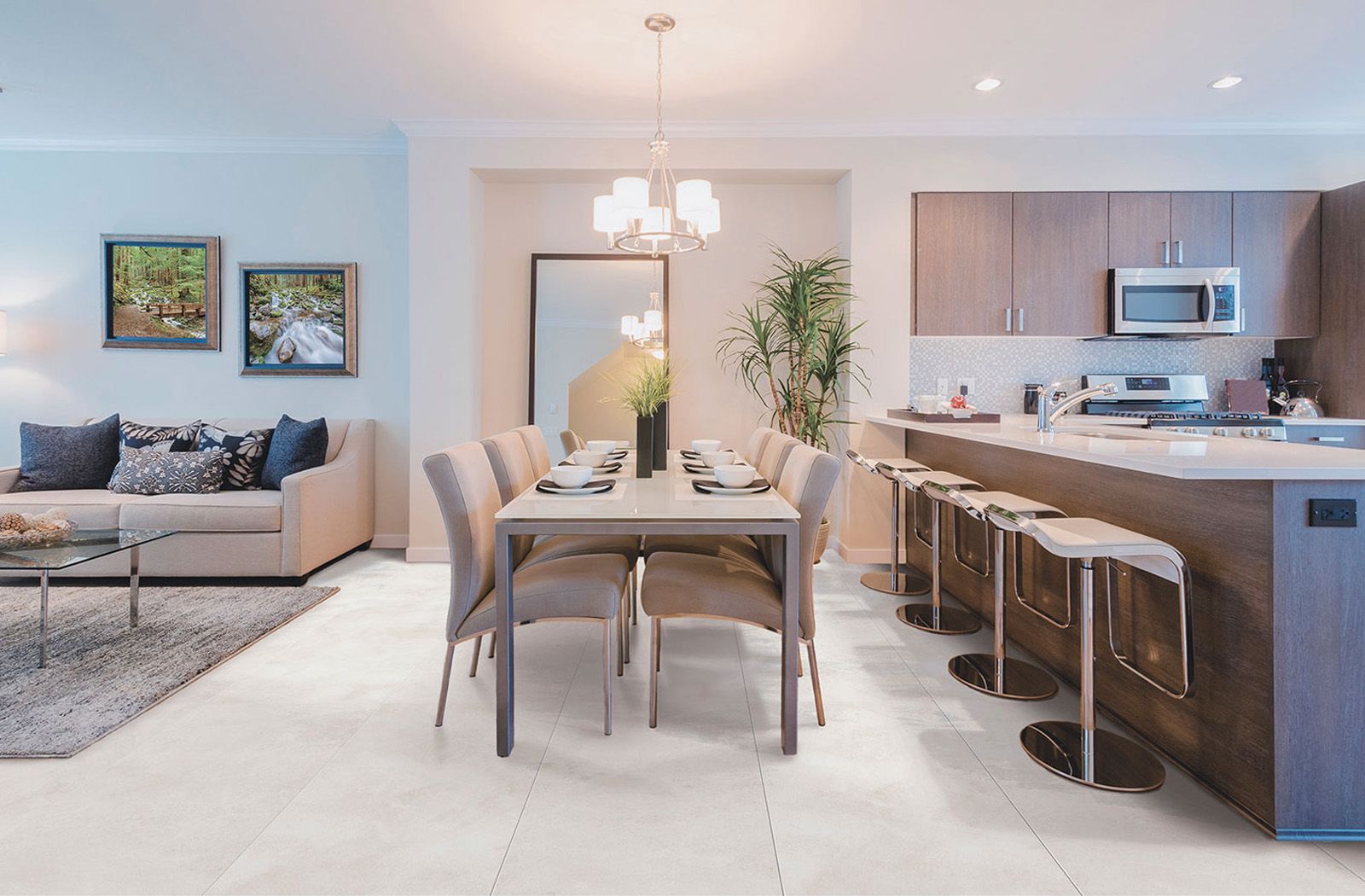 Modern Living Space With Dining And Open Concept Kitchen. Floor Tiles ... with regard to Balancing aesthetics and practicality when selecting a dining table for open concept living
