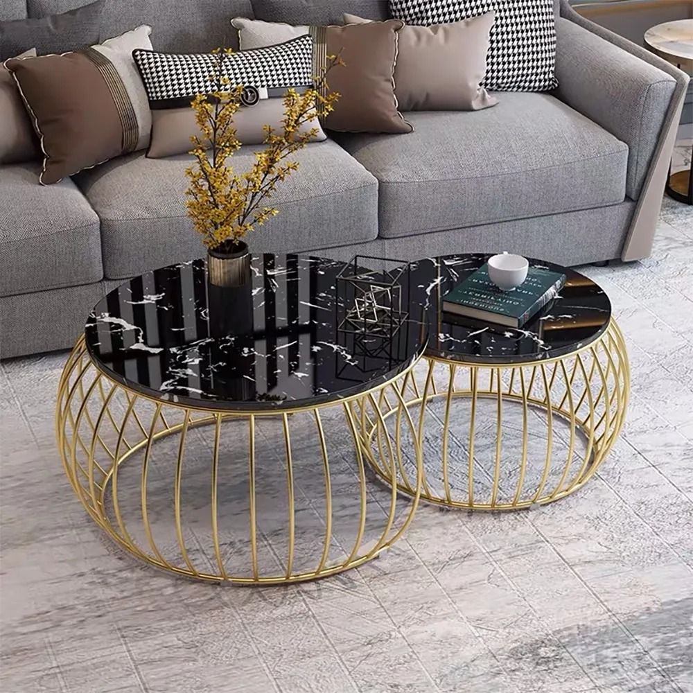 Modern Round Coffee Table Set With Marble Top &amp; Metal Frame 2-Piece ... for Koper Coffee Table Set (2-Piece) Black