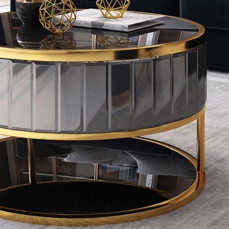 Modern Round Gold &amp; Black Nesting Coffee Table With Shelf Tempered ... intended for 46&quot; Gold Glass Rectangular Nested Coffee Tables, 2-Piece Set