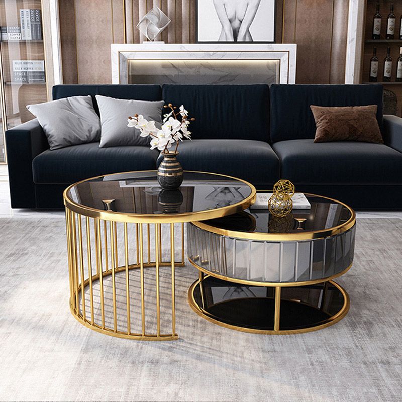 Modern Round Gold &amp; Black Nesting Coffee Table With Shelf Tempered ... pertaining to A Closer Look at the 46&quot; Gold Glass Rectangular Nested Coffee Table Set