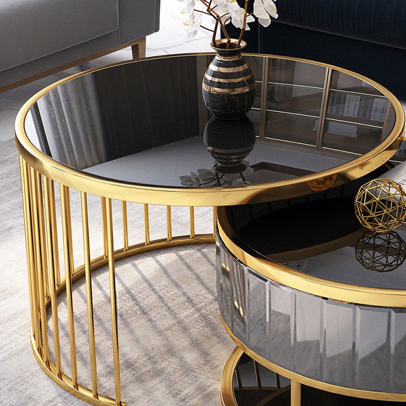 Modern Round Gold &amp; Black Nesting Coffee Table With Shelf Tempered ... throughout A Closer Look at the 46&quot; Gold Glass Rectangular Nested Coffee Table Set