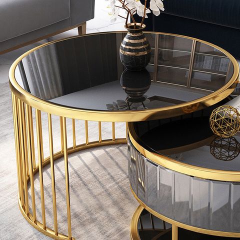 Modern Round Gold & Black Nesting Coffee Table With Shelf Tempered ... throughout A Closer Look at the 46" Gold Glass Rectangular Nested Coffee Table Set