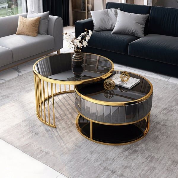 Modern Round Gold &amp; Black Nesting Coffee Table With Shelf Tempered ... throughout Creating a Stylish Living Space with Nested Coffee Table Sets