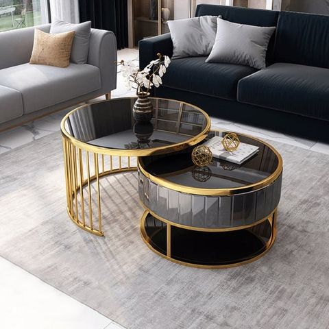 Modern Round Gold & Black Nesting Coffee Table With Shelf Tempered ... throughout Creating a Stylish Living Space with Nested Coffee Table Sets