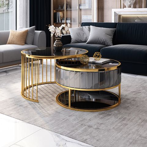 Modern Round Gold & Black Nesting Coffee Table With Shelf Tempered ... with A Closer Look at the 46" Gold Glass Rectangular Nested Coffee Table Set