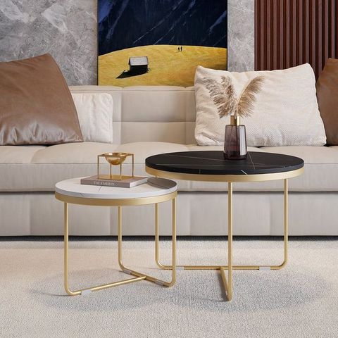 Modern Round Nesting Coffee Table Set 2-Piece Black And White Stone Top ... with Norden Coffee Table Set (2-Piece) Black & Bronze