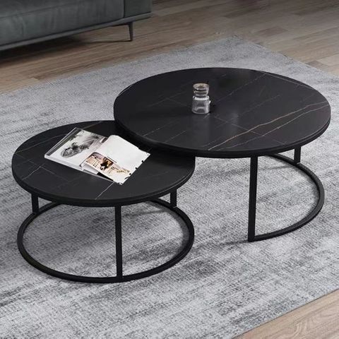 Modern Round Nesting Coffee Table Set Of 2 With Black Faux Marble Top, pertaining to Set Of 2 Nesting End Tables With Gold Frame And Faux Marble Tops, Black