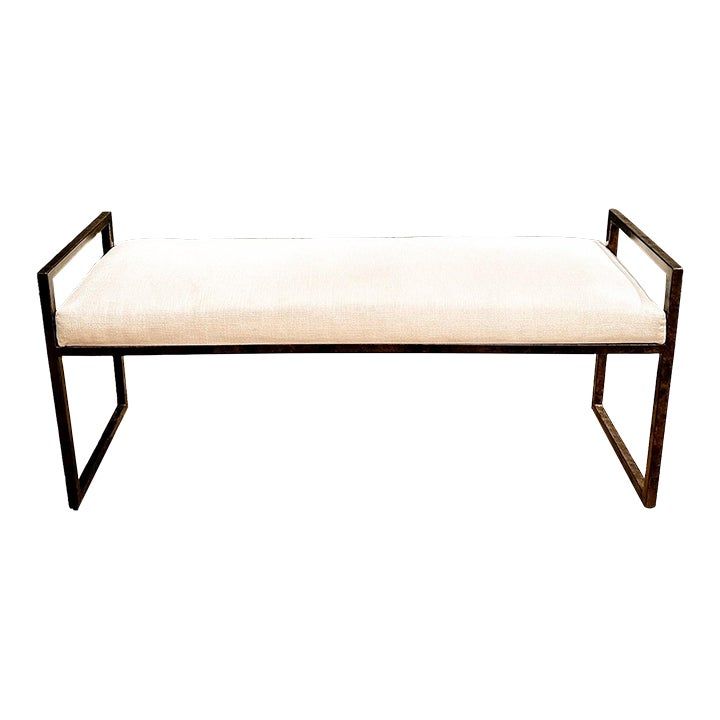 Modern Upholstered Metal Bench With Bolsters | Chairish inside Riverside Furniture Sophie Modern Upholstered Metal Bench In Beige
