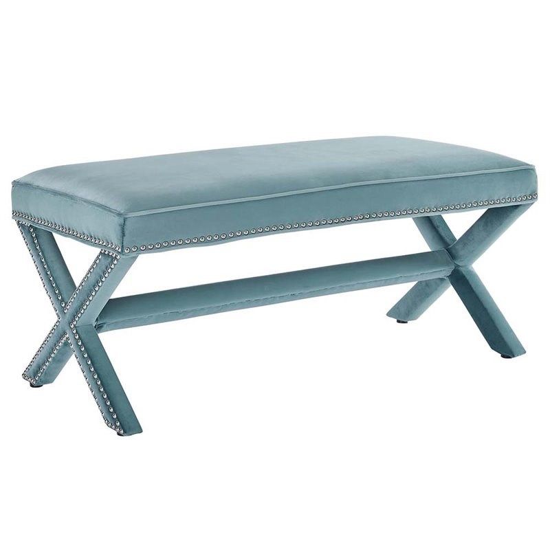 Modway Rivet Velvet Bench In Sea Blue | Homesquare intended for Discovering the Allure of the Rove Velvet Bench in Sea Blue