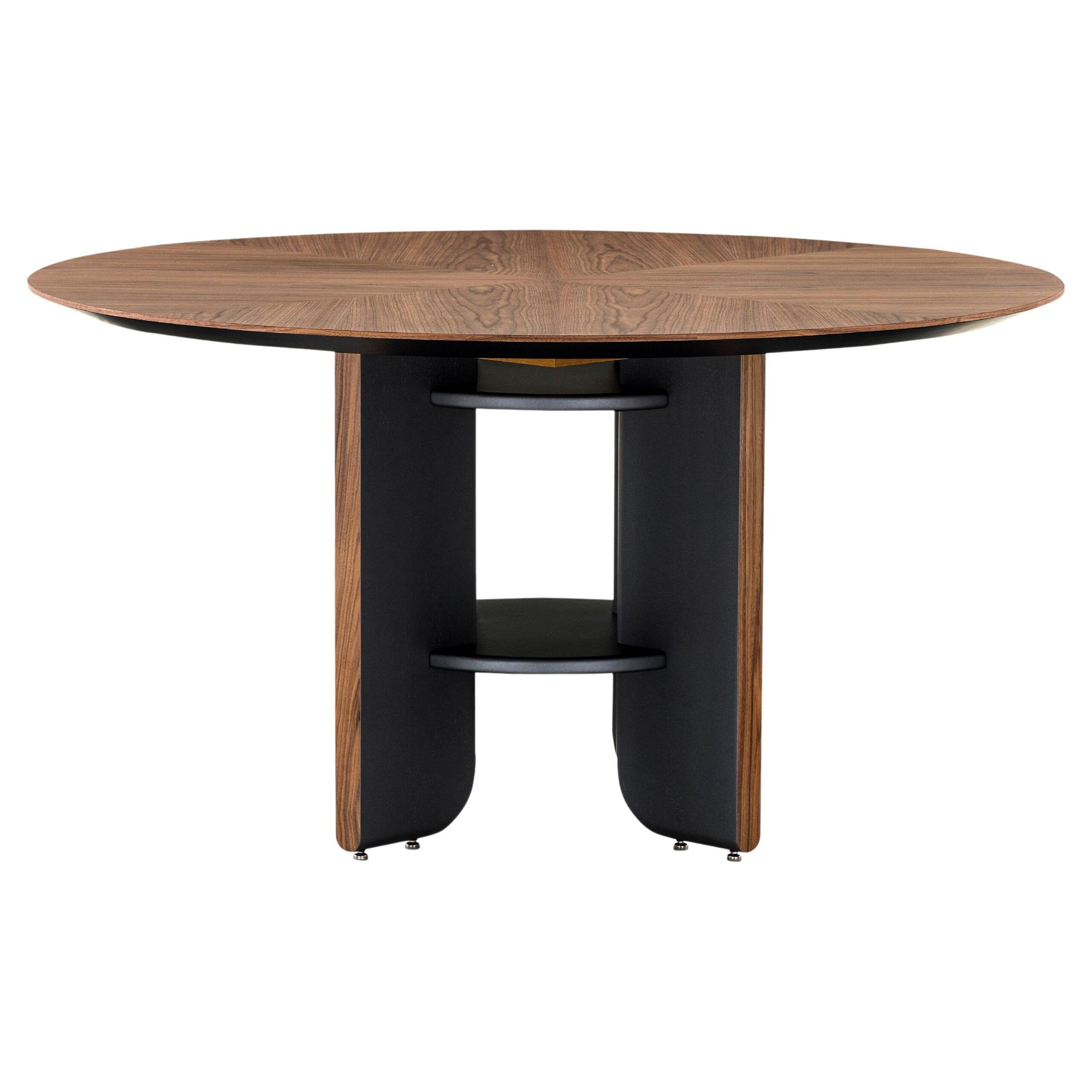 Moon Round Dining Table With Walnut Veneered Top And Black Wood Legs 55 ... with regard to Walnut Wood Top Dining Table With Black Powder Coating Base