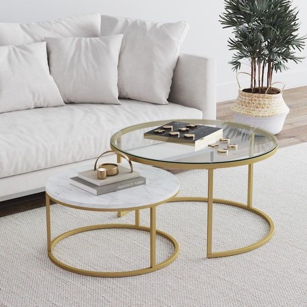 Nathan James Stella 32 In. 2-Piece Gold Round Faux Marble/Tempered ... intended for 46&quot; Gold Glass Rectangular Nested Coffee Tables, 2-Piece Set