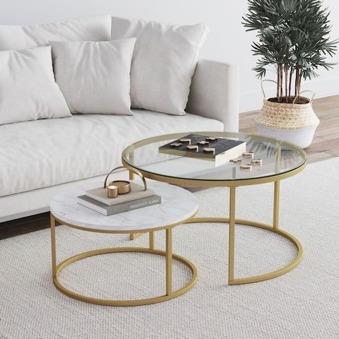 Nathan James Stella 32 In. 2-Piece Gold Round Faux Marble/Tempered ... intended for 46" Gold Glass Rectangular Nested Coffee Tables, 2-Piece Set