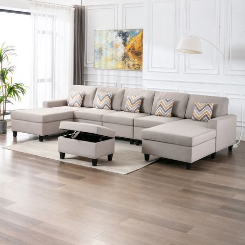 Nolan Beige Linen Fabric 6Pc Double Chaise Sectional Sofa With Interchangeable Legs, Storage ... in Unpacking the Nolan Gray 6-Piece Double Chaise Sectional A Comprehensive Look