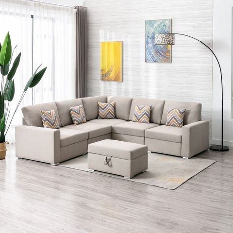 Nolan Beige Linen Fabric 6Pc Reversible Sectional Sofa With Pillows, Storage Ottoman, And ... with regard to Unpacking the Nolan Gray 6-Piece Double Chaise Sectional A Comprehensive Look