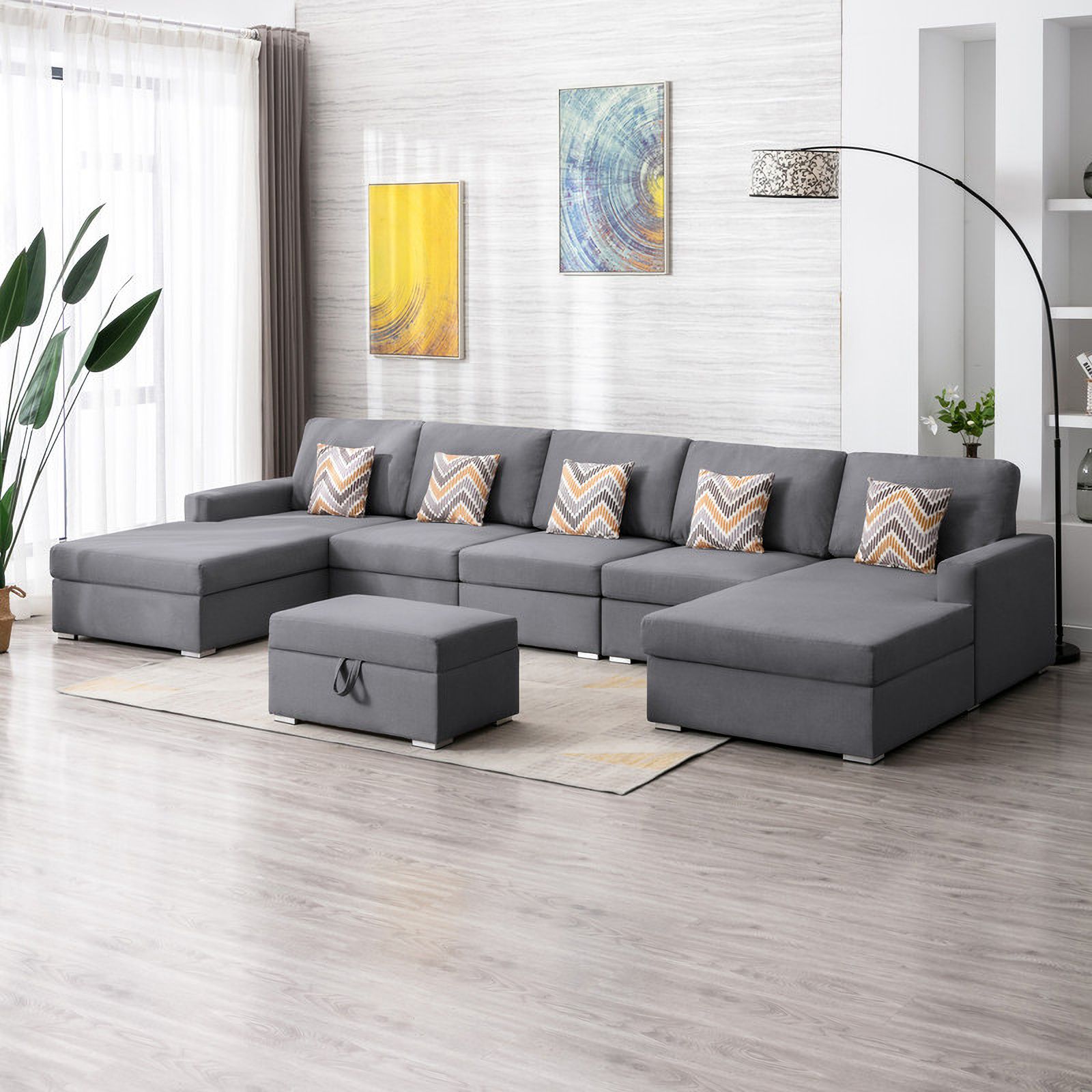 Nolan Gray Linen Fabric 6Pc Double Chaise Sectional Sofa With Interchangeable Legs, Storage ... throughout Unpacking the Nolan Gray 6-Piece Double Chaise Sectional A Comprehensive Look