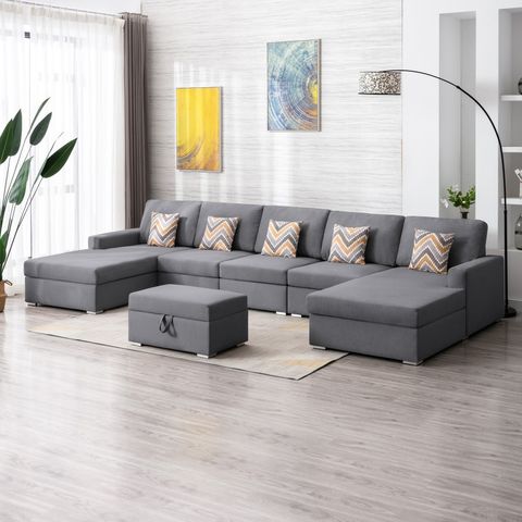 Nolan Gray Linen Fabric 6Pc Double Chaise Sectional Sofa With Interchangeable Legs, Storage ... throughout Unpacking the Nolan Gray 6-Piece Double Chaise Sectional A Comprehensive Look