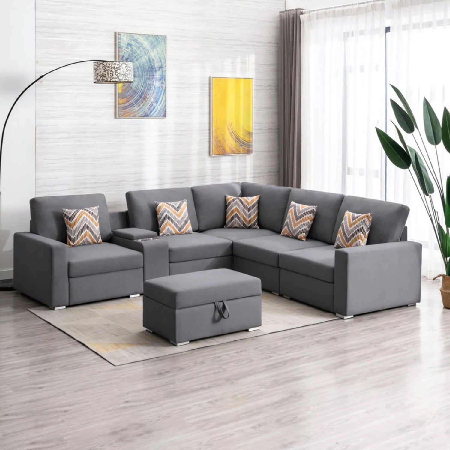 Nolan Gray Linen Fabric 7Pc Reversible Sectional Sofa With Interchangeable Legs, Pillows ... within Nolan Gray Linen 6Pc Double Chaise Sectional Sofa With Storage Ottoman, Pillows