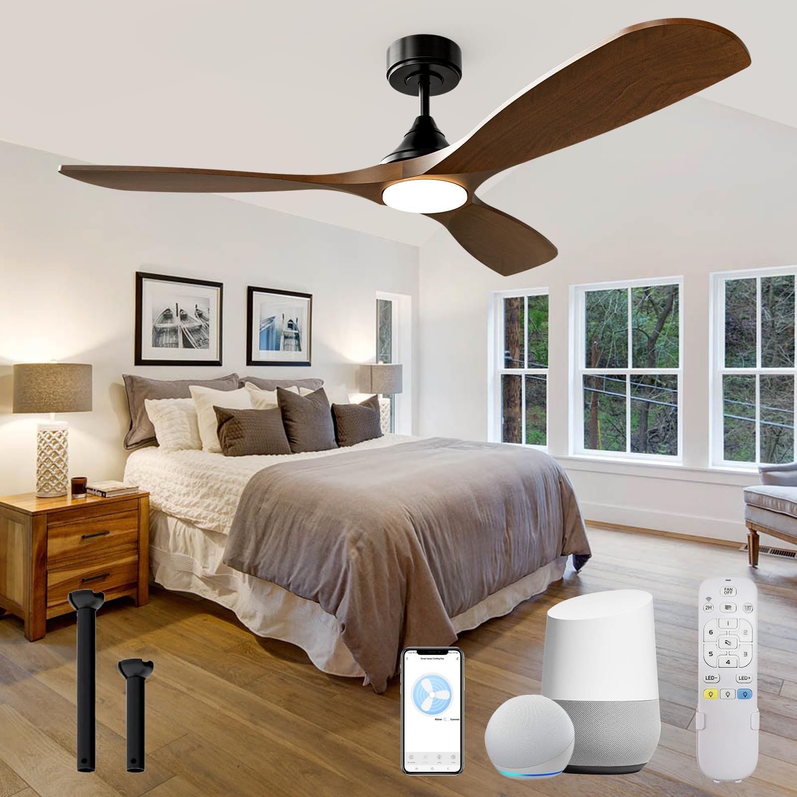 Nopaard 52 Inch Smart Ceiling Fan With Light, Wood Ceiling Fans With ... for Smart Outdoor Ceiling Fan With Wifi Control