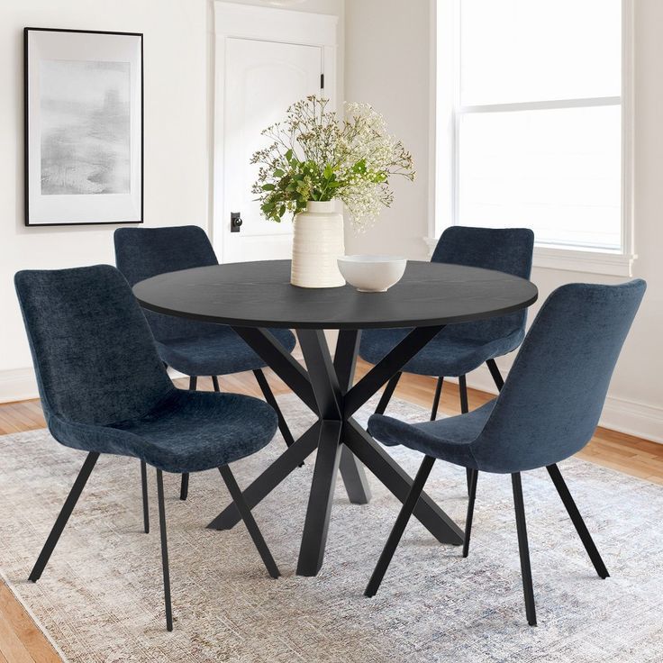 Oliver+Kourtney 5-Piece Solid Black Round Dining Table Set With 4 Blue ... in Expert Tips for Integrating a Black 48-Inch Holly Dining Table into Your Decor