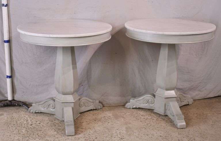 Pair Of Beyond Borders Round Marble Top Accent Tables With Carved 3 Leg ... inside Homeroots Set Of 3 Brown Wood Round Top Accent Tables With Iron Nesting