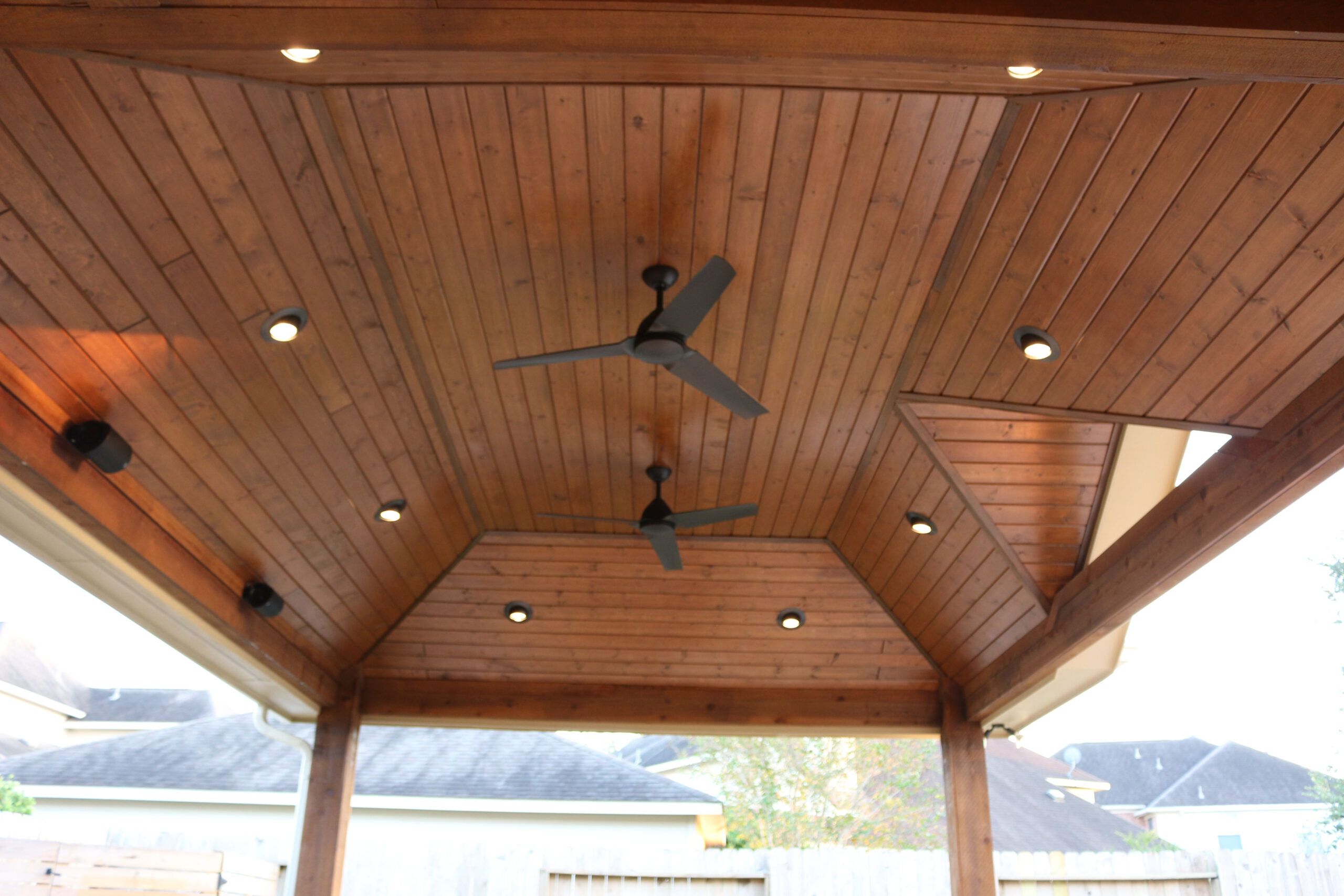 Pre-Stained Tongue And Groove Pine Ceiling, Recessed Lighting, Outdoor ... regarding Choosing the Right Ceiling Fan for Year-Round Outdoor Kitchen Performance