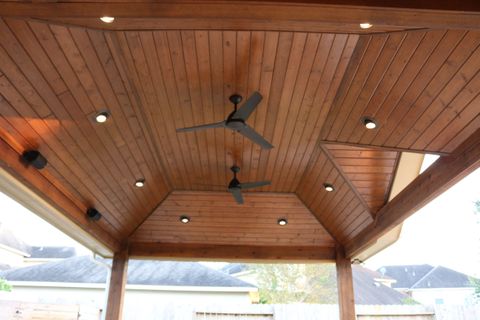 Pre-Stained Tongue And Groove Pine Ceiling, Recessed Lighting, Outdoor ... regarding Choosing the Right Ceiling Fan for Year-Round Outdoor Kitchen Performance