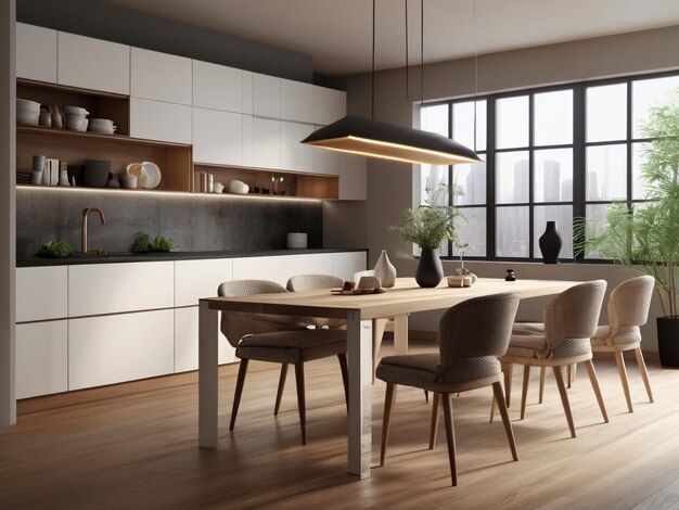 Premium Ai Image | Kitchen With White Cabinets And A Dining Table In ... regarding Minimalist Dining Table Ideas That Enhance White Kitchen Aesthetics