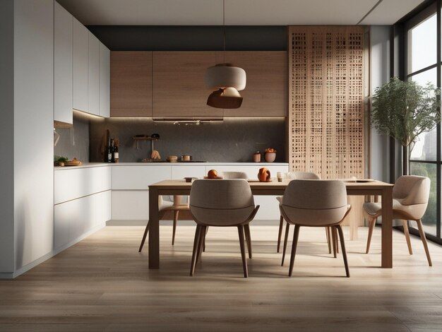 Premium Ai Image | Kitchen With White Cabinets And A Dining Table In ... throughout Dining Table For Minimalist White Kitchen