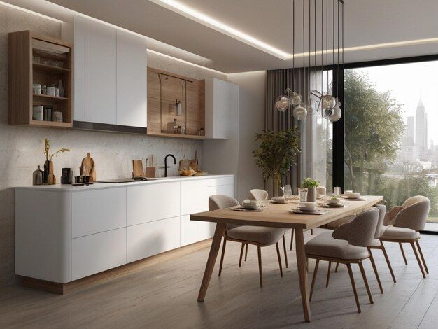 Premium Ai Image | Kitchen With White Cabinets And A Dining Table In ... with Minimalist Dining Table Ideas That Enhance White Kitchen Aesthetics