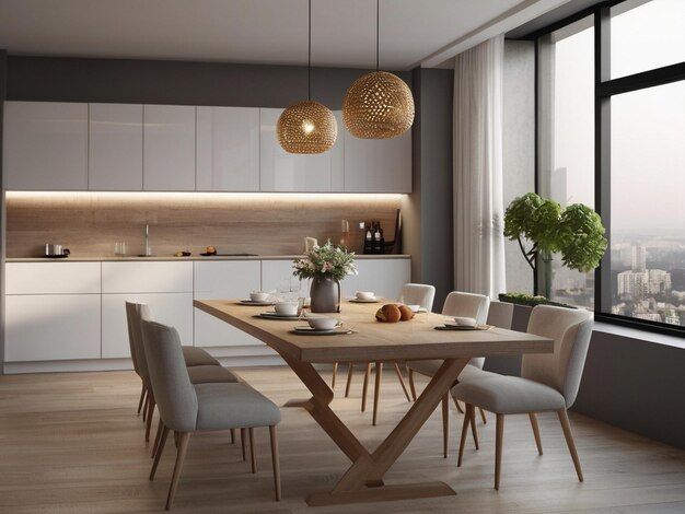 Premium Ai Image | Kitchen With White Cabinets And A Dining Table In ... with regard to Dining Table For Minimalist White Kitchen