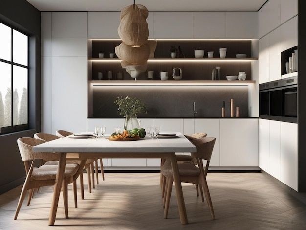 Premium Ai Image | Kitchen With White Cabinets And A Dining Table In ... with regard to Minimalist Dining Table Ideas That Enhance White Kitchen Aesthetics
