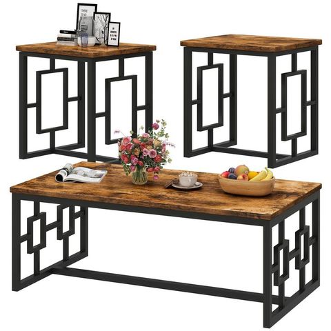 Recaceik Coffee Table Set, Coffee Table & Two End Side Table, Modern 3 ... in Table Set 3-Pieces Set, Brown Oak