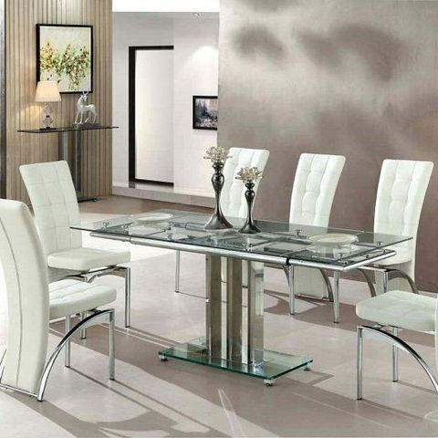 Rihanna Extending Glass Dining Table In Clear And Chrome Support ... throughout Extendable Glass Dining Table Modern Design