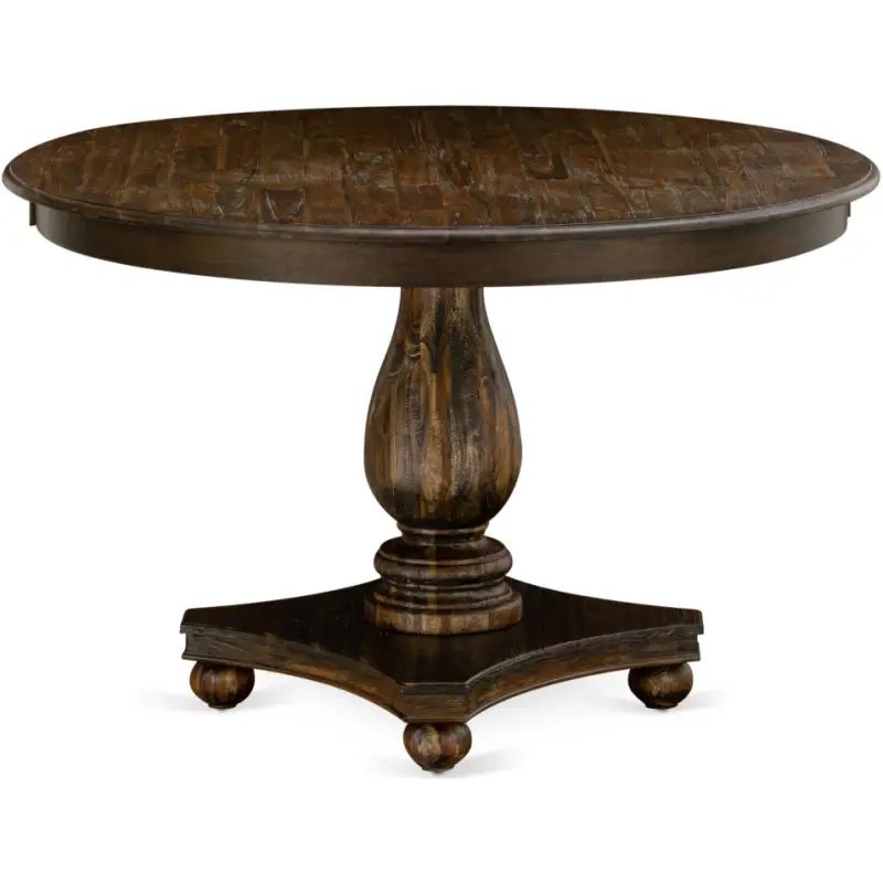 Round Dining Table, Rustic Rubberwood Table, Distressed Jacobean Finish ... pertaining to The Enduring Appeal of Rustic Rubberwood Dining Tables with a Distressed Jacobean Finish