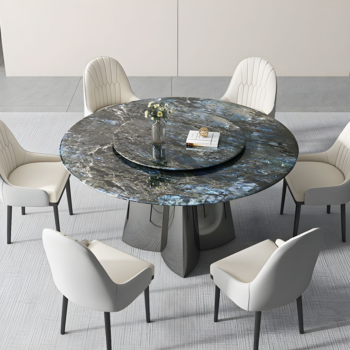 Round Modern Marble Dining Table Set With Metal Base And Upholstered ... with The artistry behind crafting round shaped marble dining furniture