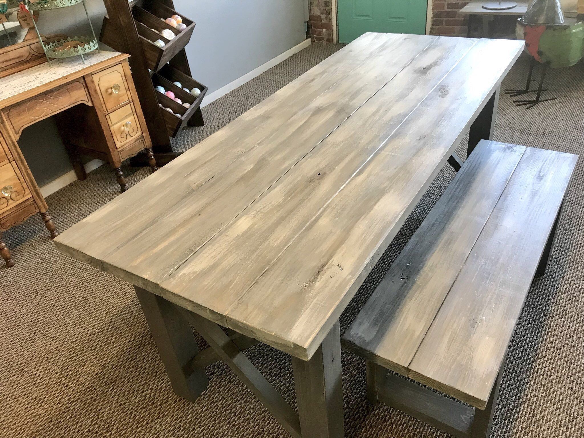 Rustic Wooden Farmhouse Table Set With Gray White Wash Top And | Etsy ... within Understanding the timeless appeal of farmhouse dining table white wash finish