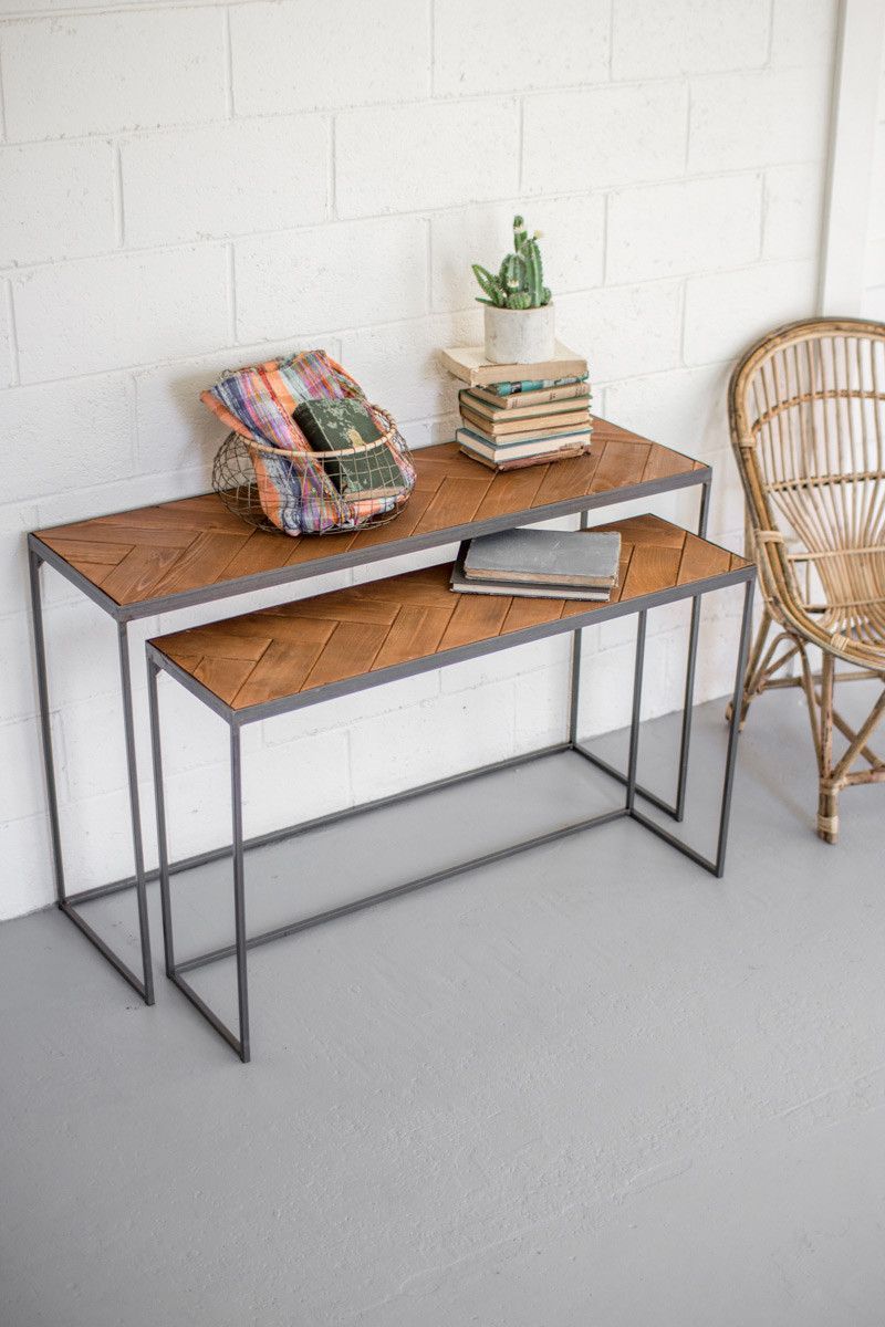 Set Of 2 Honey Wood And Metal Nesting Rectangle Console Tables | Table ... in Integrating Retro Nesting Tables into Modern Decor A Designer's Perspective
