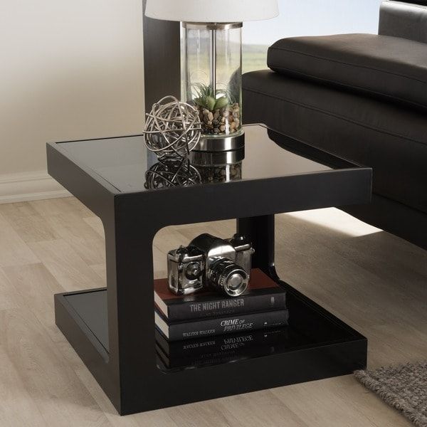 Shop Baxton Studio Clara Black Modern End Table With 2 Glass Shelves ... inside Coaster 2 Piece Glass Top Coffee Table And End Table Set In Black